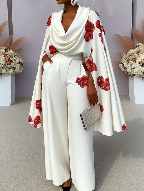 Women's Clothing New Products Printed Pile Collar Long Sleeve Two Piece Suit Trousers Suit_ecoleips.com