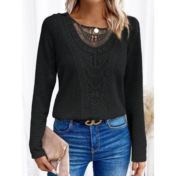 Autumn Wholesale Women's Long-Sleeved T-Shirts With Pure-Color Lace Trim And Round Neck_ecoleips.com
