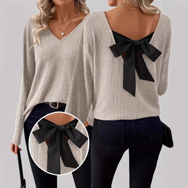 Elegant V-Neck Solid Color Sweater For Women | Loose Fit Long Sleeve Blouse With Bow Detail | Autumn Casual Top_ecoleips.com
