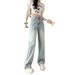 Women's High-Waisted Slim Fit Straight Leg Jeans Lightweight Summer Fashion Washed Blue Distressed Slimming Wide Leg Pants_ecoleips.com