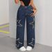 Women's Casual Versatile Jeans Loose Straight Leg Five Pointed Star Tassel Frayed Edge Denim European American Style_ecoleips.com