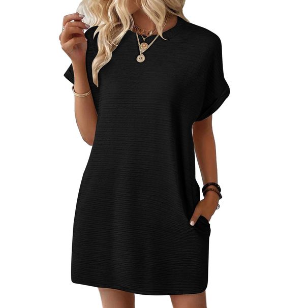 2025 Women's Spring/Summer New Solid Color Round Neck Loose Short Sleeve Pocket Dress_ecoleips.com