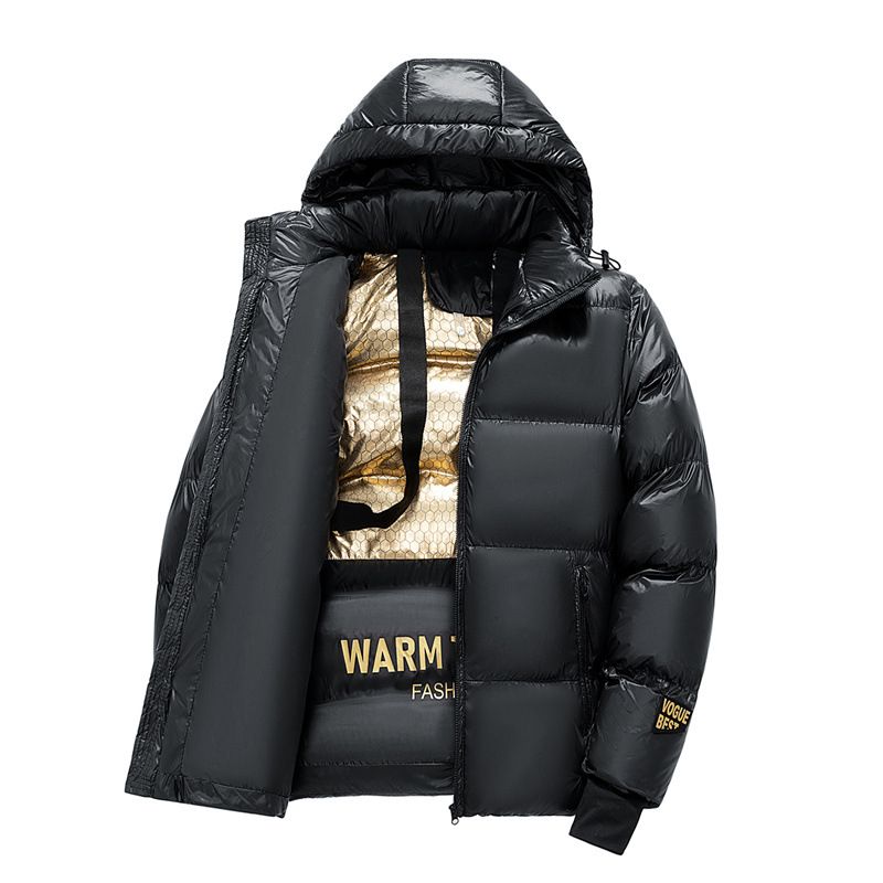 Women's Clothing Men's Winter Graphene Black Gold Hooded Puffer Jacket - Warm Windproof Coat With Polyester Fill, Loose Fit, Zipper Closure_ecoleips.com