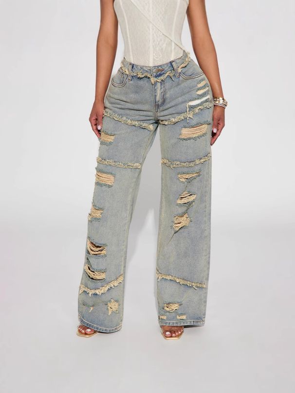 Vintage Washed Distressed Jeans For Women - Oversized High Street Baggy Pants With Heavyweight Denim & Grunge Style_ecoleips.com