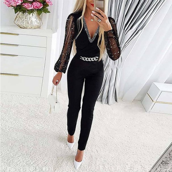 Women's Clothing Solid Color V-Neck Jumpsuit With Diamond Detailing High Waist Long Sleeve Professional Casual Autumn Wear_ecoleips.com