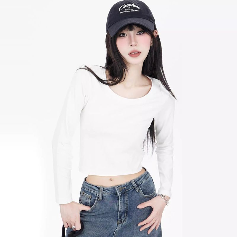 White Round-Neck German Velvet Long-Sleeved T-Shirt, High-Waisted Crop Top, Short Base Layer, Slimming Innerwear For Aut_ecoleips.com