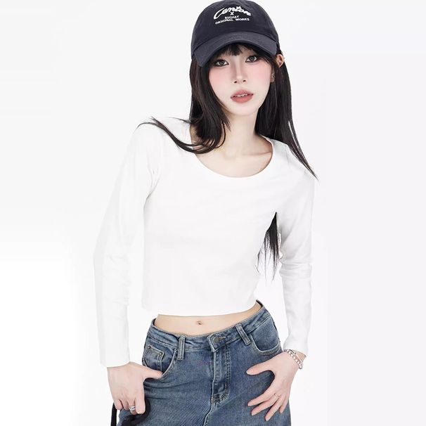 White Round-Neck German Velvet Long-Sleeved T-Shirt, High-Waisted Crop Top, Short Base Layer, Slimming Innerwear For Aut_ecoleips.com