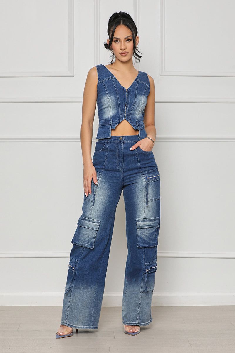 Women's Clothing Fashion Leisure New Multi Pocket Wide Leg Retro Vest Suit_ecoleips.com