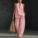 Women's Summer V Neck Backless Halter Neck Vest And Wide Leg Pants Two Piece Set Solid Color European And American Style_ecoleips.com