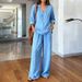 Women's Summer Casual Loose Two Piece Set V Neck Linen Wide Leg Pants Cross Border Trendy Style European American Style_ecoleips.com