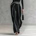 Autumn Winter Two Piece Set Women's Elegant Stand Up Collar Long Sleeve Knit Top Wide Leg Pants Contrast Color Slimming Waist_ecoleips.com