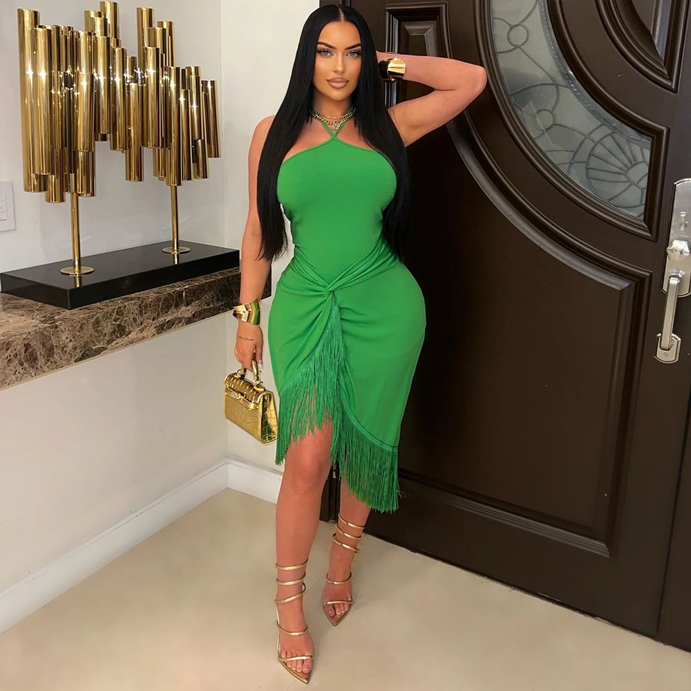Women's Clothing Sleeveless Lace Up Tight Hip Wrapped Tassel Dress Long Dress Irregular Skirt Summer_ecoleips.com