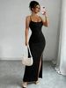 Women Spaghetti Strap Maxi Dress Square Neck Sequin Fitted Slit Bodycon Dress Sexy Spring Summer Party Club Evening Dress_ecoleips.com