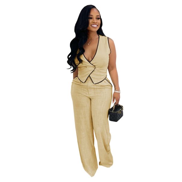 Women's Clothing Fashion Casual V Neck Button Top Trousers Two Piece Suit_ecoleips.com
