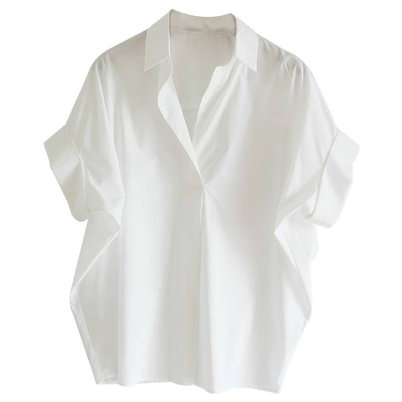 Women's Clothing Retro Short Sleeved Shirt Summer All Match White Shirt Loose Bat Sleeve Collar Top_ecoleips.com