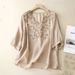 Women's Clothing Retro Five Point Sleeves V Neck Embroidery Cotton And Linen T Shirt_ecoleips.com