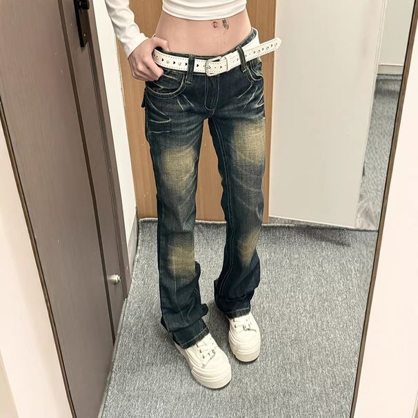 Y2k Vintage Low-Rise Distressed Jeans For Women - Baggy Straight Leg Denim Pants With Heavy Embroidery, Grunge Aesthetic_ecoleips.com