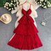 Women's French Style V-Neck Slip Dress Elegant Hollow Out Waist Cinching Slimming Pleated Long Skirt For Casual Elegant Fashion_ecoleips.com