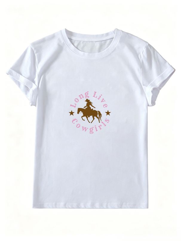 Cowgirl Horse Star Slogan Print Western Vintage T-Shirt, Women Oversized Soft Cotton Tee, Casual Country Concert Daily Streetwear Top_ecoleips.com