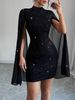 Women's Clothing Round Neck Ribbed Pearl Chiffon Cape Hip Dress For Women_ecoleips.com