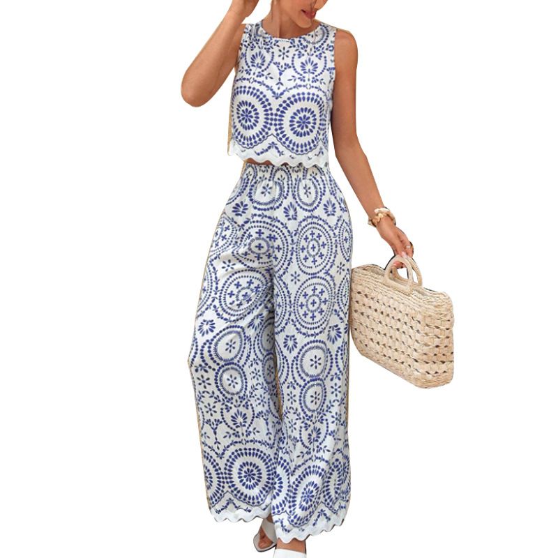 Women's Floral Print Lounge Pants Set Sleeveless Summer Comfort Two Piece Outfit Lightweight Breathable Jogger And Top_ecoleips.com