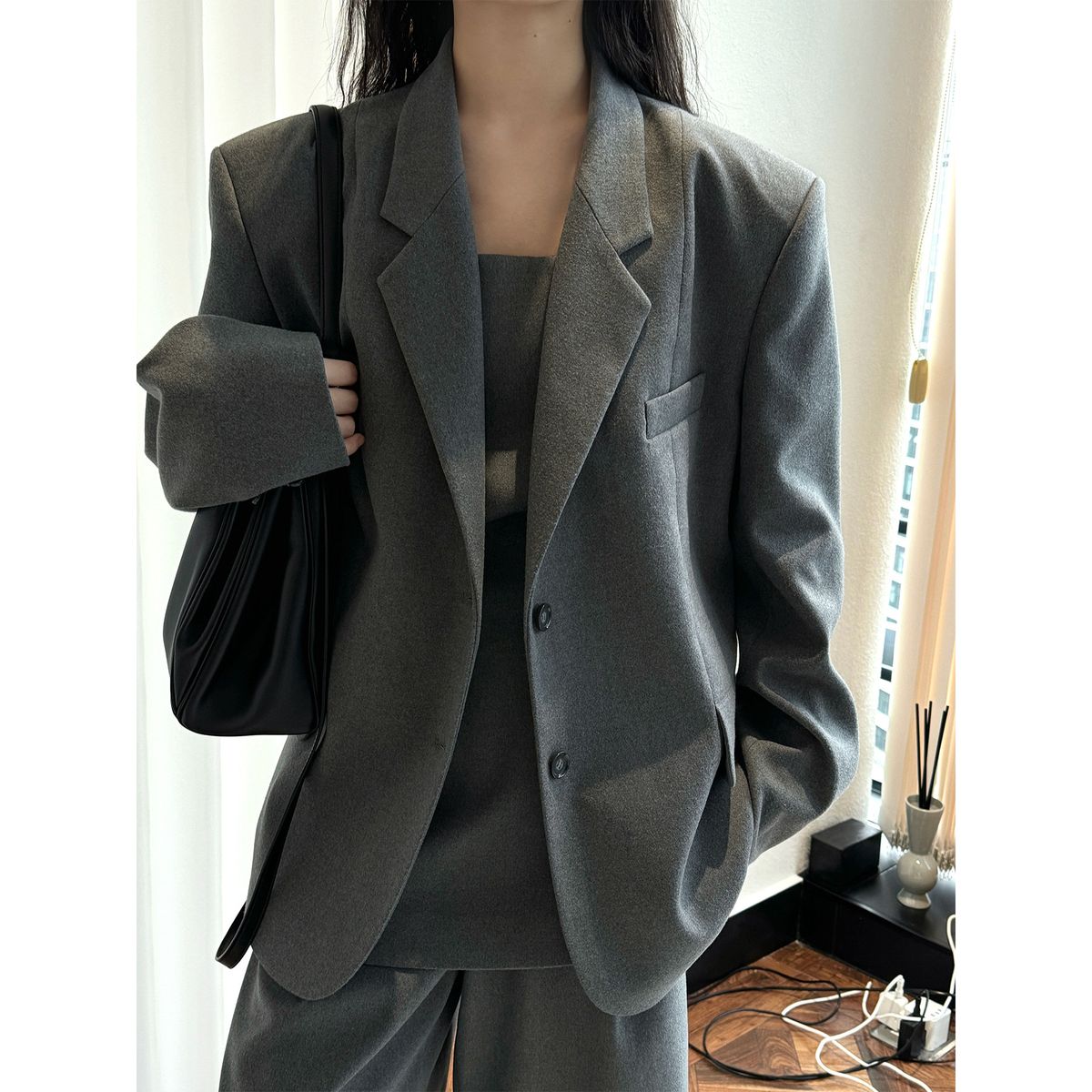 Women's French Smart Wide Shoulder Oversized Suit Jacket Casual Slimming Style Simple Spring New Louvre Blazer_ecoleips.com