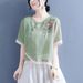 Cotton And Linen Button-Up Embroidered Slanted Shirt For Women With Five-Quarter Sleeves 2026 Summer Ethnic Style Asymme_ecoleips.com