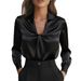 Satin Pleated Long Sleeve Blouse - Elegant Womens Shirt For Autumn, Office & Casual Wear, Wrinkle-Resistant Polyester_ecoleips.com