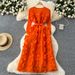 Women's Clothing Waist, Round Neck, Long Sleeves, Three Dimensional Lace, Slimming, Temperament, Big Swing Long Skirt_ecoleips.com