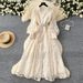 Women's Clothing Spring Waist Heavy Embroidery V Neck Lantern Sleeves Single Breasted Long Skirt_ecoleips.com