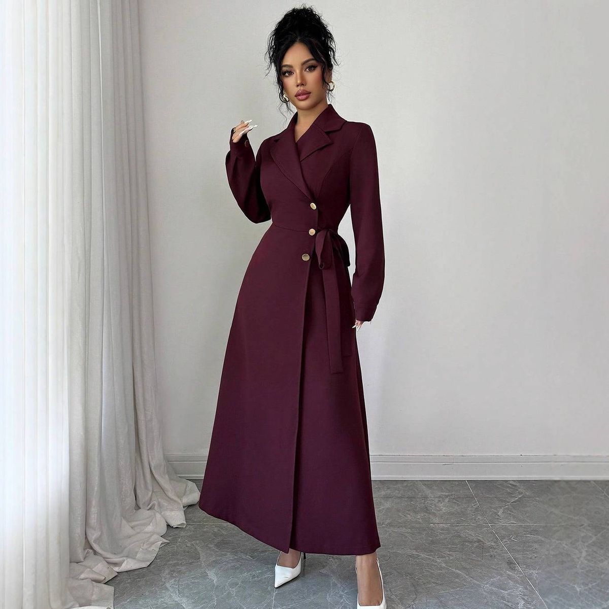 Elegant British Style Autumn Winter Dress For Women - Mid-Length Office Wear With Notched Collar & Button Detail (Available In S/M/L/XL, Dark Red)_ecoleips.com