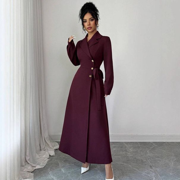 Elegant British Style Autumn Winter Dress For Women - Mid-Length Office Wear With Notched Collar & Button Detail (Available In S/M/L/XL, Dark Red)_ecoleips.com