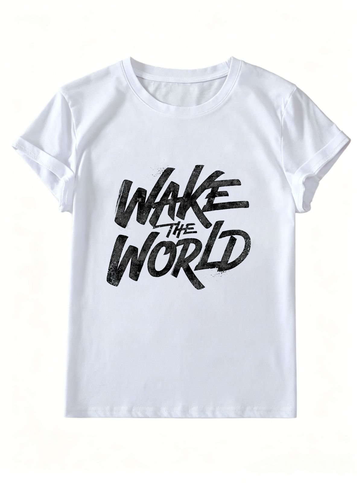 Women Vintage Distressed Wake The World Graffiti Letter Graphic T Shirt Round Neck Short Sleeve Loose Streetwear Summer Tops_ecoleips.com
