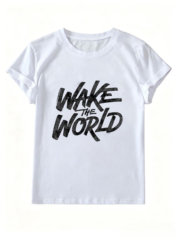 Women Vintage Distressed Wake The World Graffiti Letter Graphic T Shirt Round Neck Short Sleeve Loose Streetwear Summer Tops_ecoleips.com