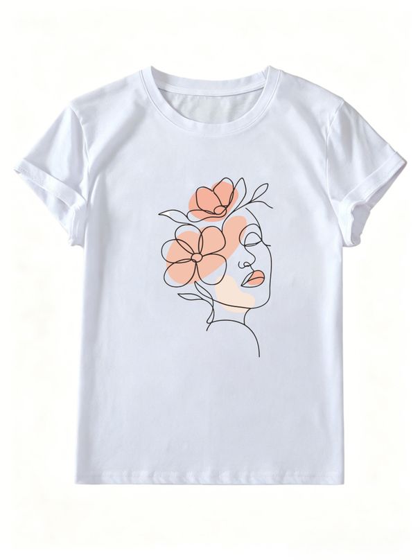 Women Crew Neck Short Sleeve T-Shirt Minimalist One Line Woman Floral Abstract Graphic Casual Summer Basic Daily Top For Ladies_ecoleips.com