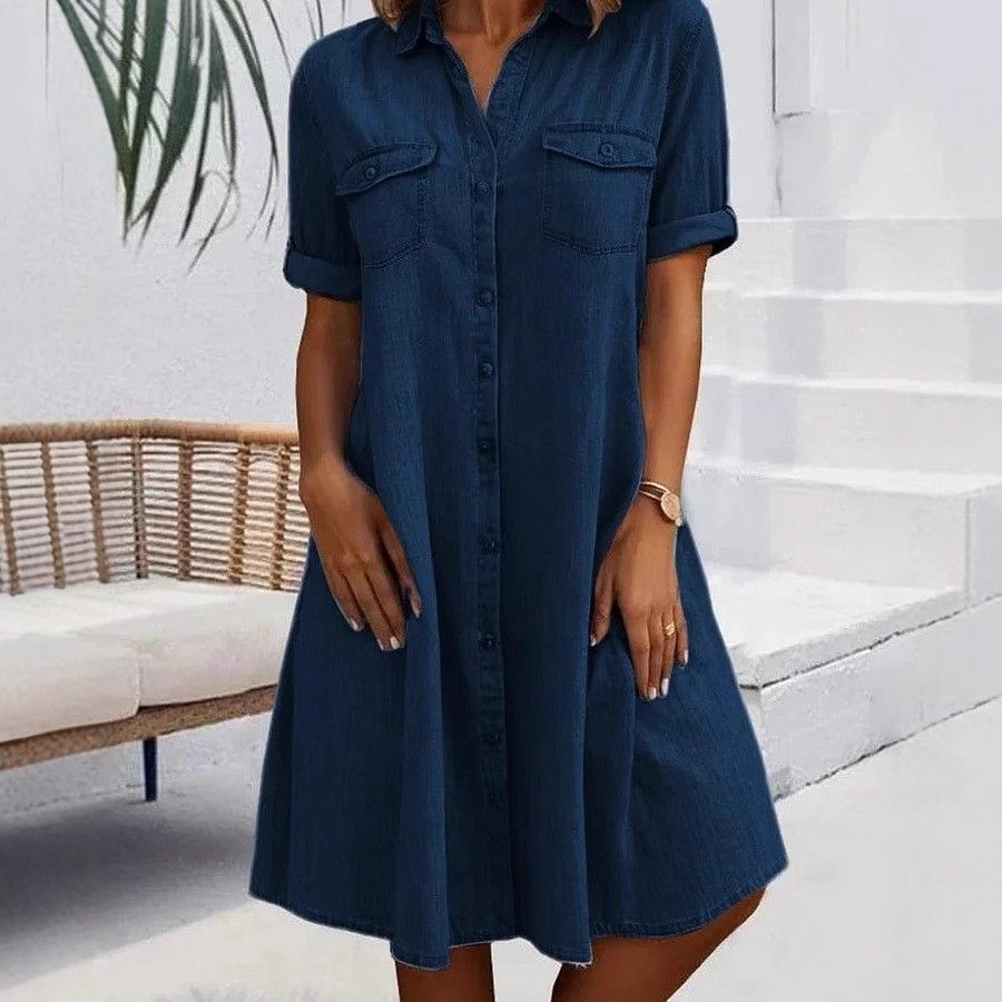 Women's Clothing Denim Dress Solid Color Plus Size Dress Plus Size Denim Dress – Oversized Cotton Shirt Dress (Light Blue, Dark Blue, Black)_ecoleips.com