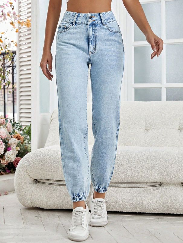 Women's Slim Fit Straight Leg Jeans – Classic Blue Denim Pants – High Waist Cotton Trousers_ecoleips.com