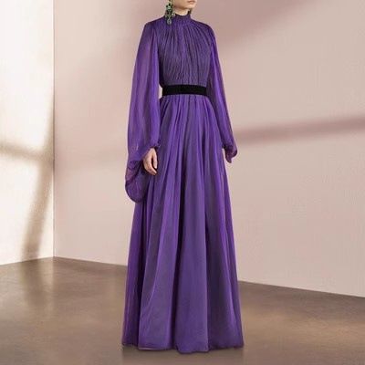 Women's Clothing Light Luxury Purple Dress Dress Niche Temperament Stand Up Collar Pleated Elegant Long Skirt For Women_ecoleips.com