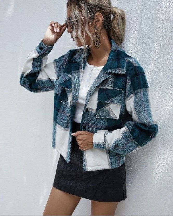 Women's Plaid Contrast-Color Long Sleeve Jacket Winter Fashion Notched Lapel Single-Breasted Coat_ecoleips.com