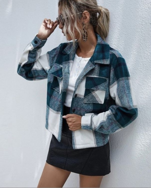 Women's Plaid Contrast-Color Long Sleeve Jacket Winter Fashion Notched Lapel Single-Breasted Coat_ecoleips.com
