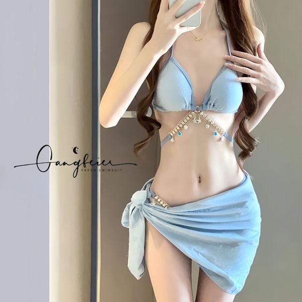 Verve Swimsuit For Women With Fish Tail Chain, Pure Desire Style, Sexy Tie Triangle Bikini, Three-Piece Set, Ins Vacation_ecoleips.com