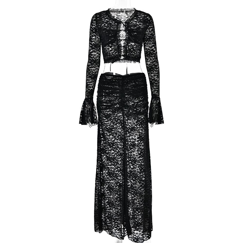 European And American Cross-Border New Lace See-Through Two-Piece Sexy Hot Girl Fashion Versatile Tie High Waist Long_ecoleips.com