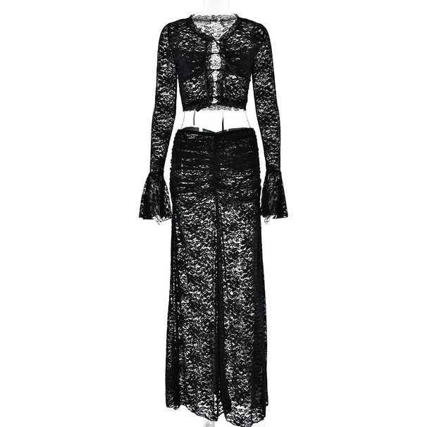 European And American Cross-Border New Lace See-Through Two-Piece Sexy Hot Girl Fashion Versatile Tie High Waist Long_ecoleips.com