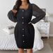 Plus Size Elegant Long Sleeve Dress For Women - Stretchy Knit Square Neck Dress With Button Details, Flattering High Waist Design_ecoleips.com