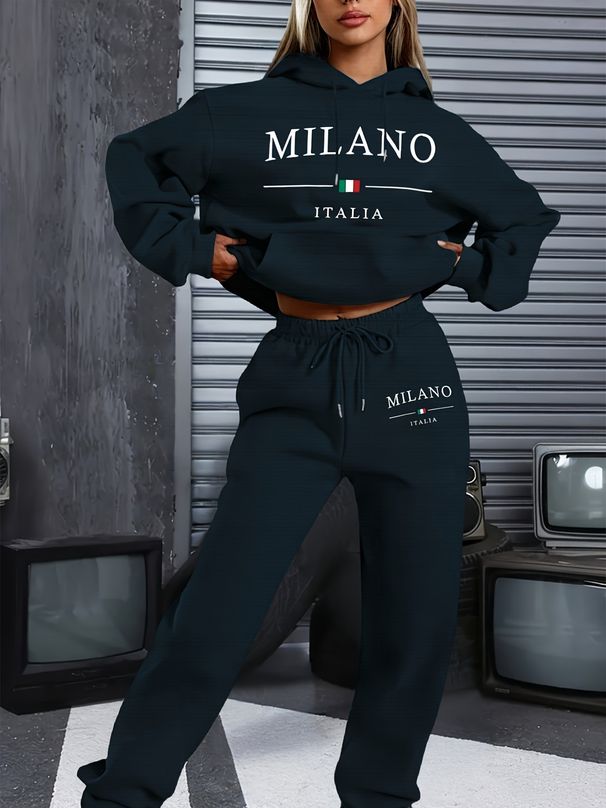 Women's Autumn And Winter Fashion Casual MILANO ITALIA Letter Print Thick Suede Warm Hooded Sweatshirt+sports Pants Set-813_ecoleips.com