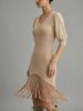 Breathable V Neck Chiffon Puff Sleeve Gradient Fringe Loose Rib Knit Dress_ecoleips.com