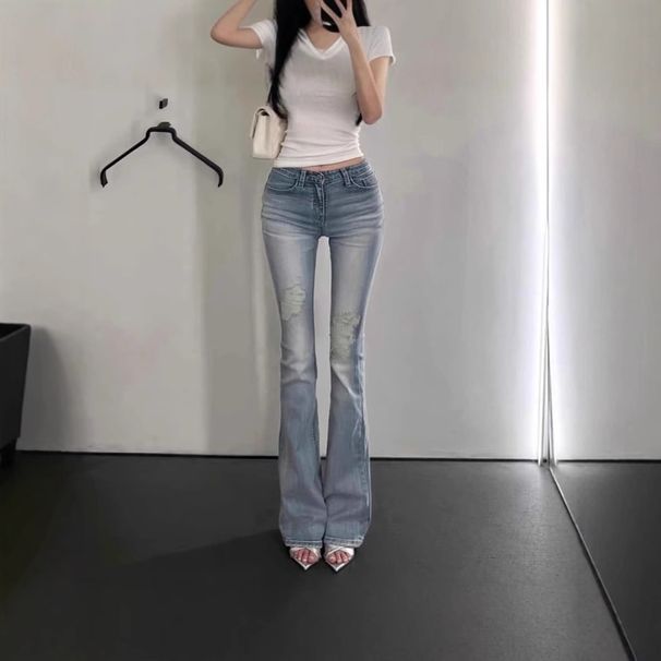 High Waisted Slimming Ripped Flare Jeans Butt Lifting Retro Washed Sexy Women's Denim Jeans_ecoleips.com