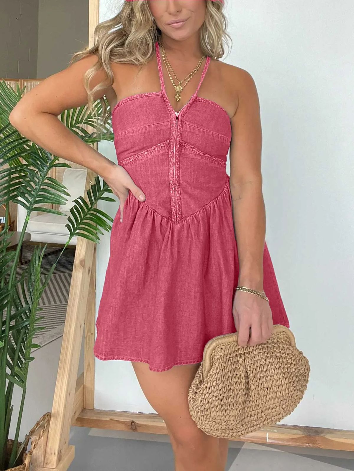 Women’s Clothing Spring New Products Hot Sale Halter Neck Denim Dress_ecoleips.com