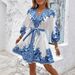 Bold & Beautiful Summer Look New Women's Clothing V Neck Dress Printed Three Quarter Sleeve Tie Waist_ecoleips.com