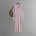 Autumn Winter V-neck Knitted For Women, Straight Slim Fit Long Sleeve Ribbed Split Hem Over-the-knee Sweater Dress_ecoleips.com